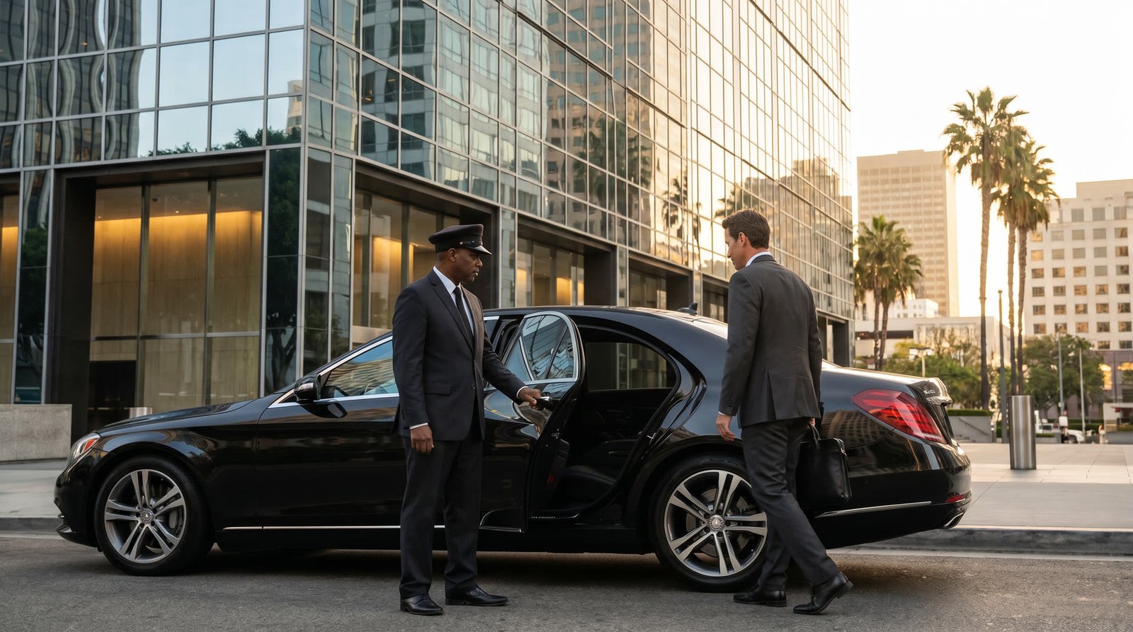 Chauffeur opening door for executive at corporate office