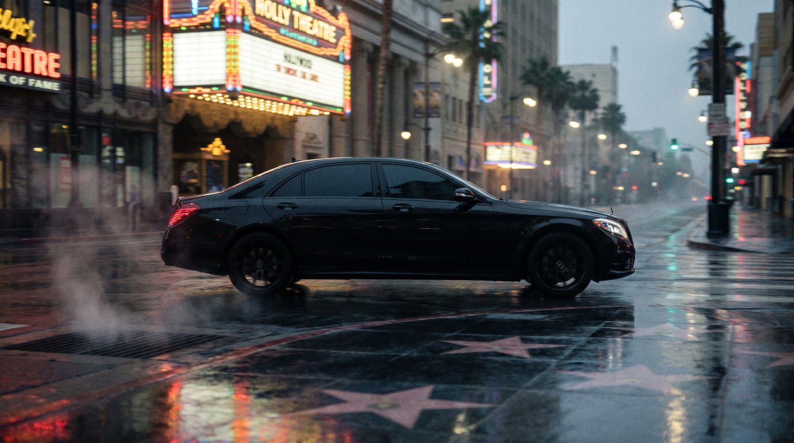 Black sedan on Hollywood Boulevard at night